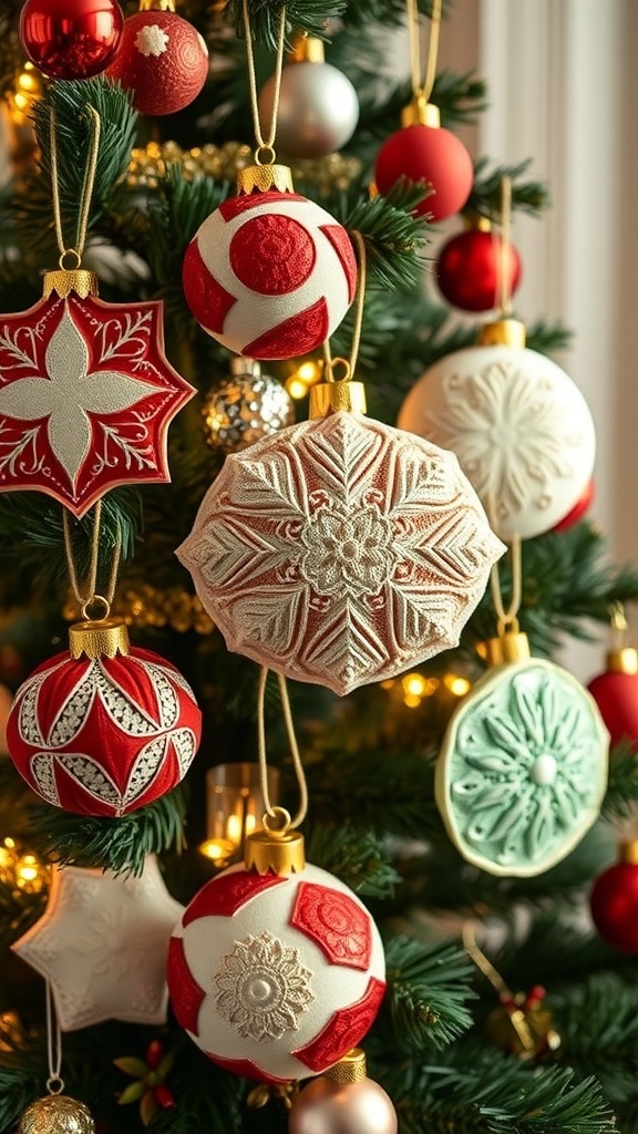 Colorful quilted Christmas ornaments hanging on a tree.